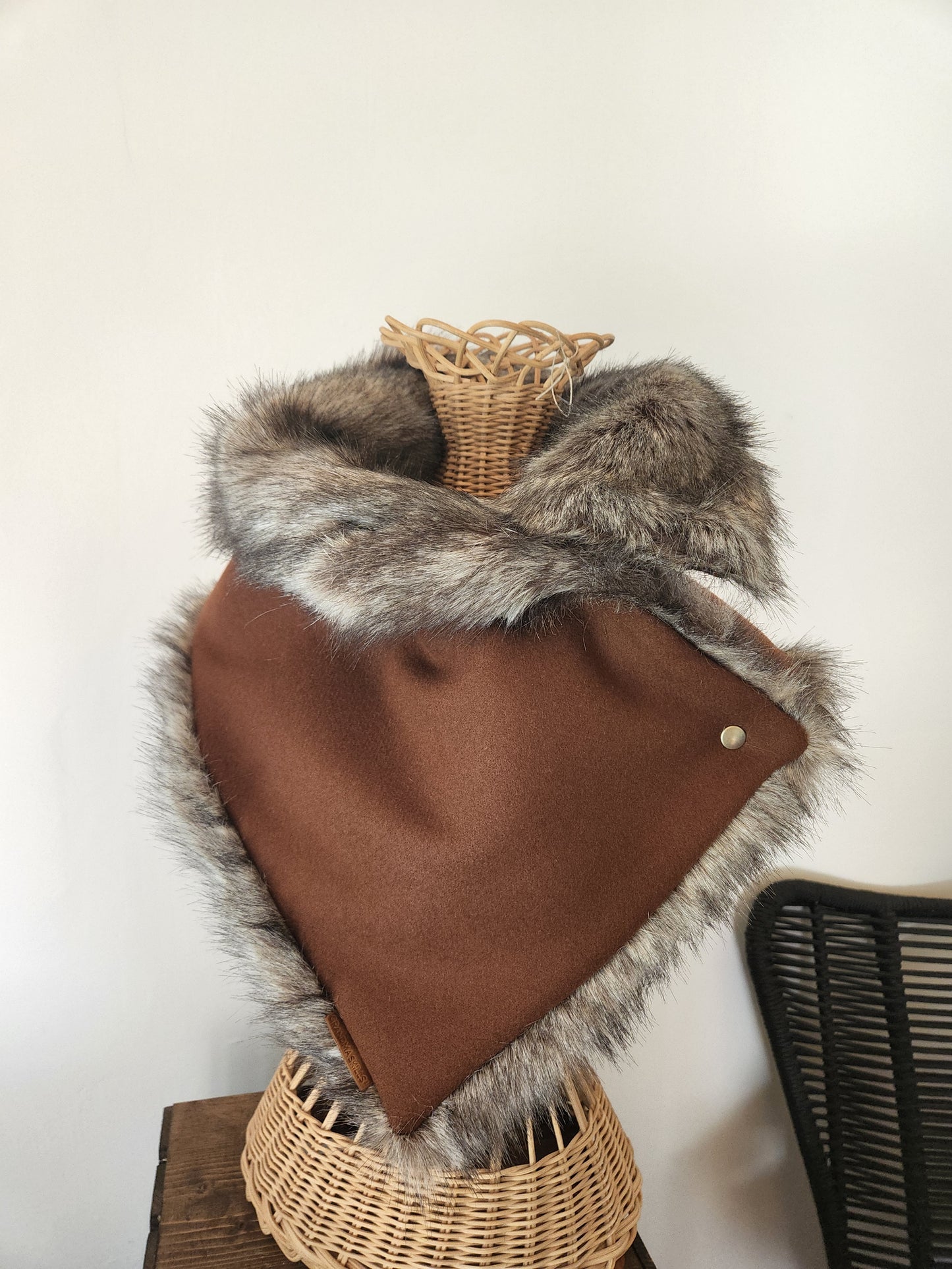 Faux Fur Snap Cowl-Rust