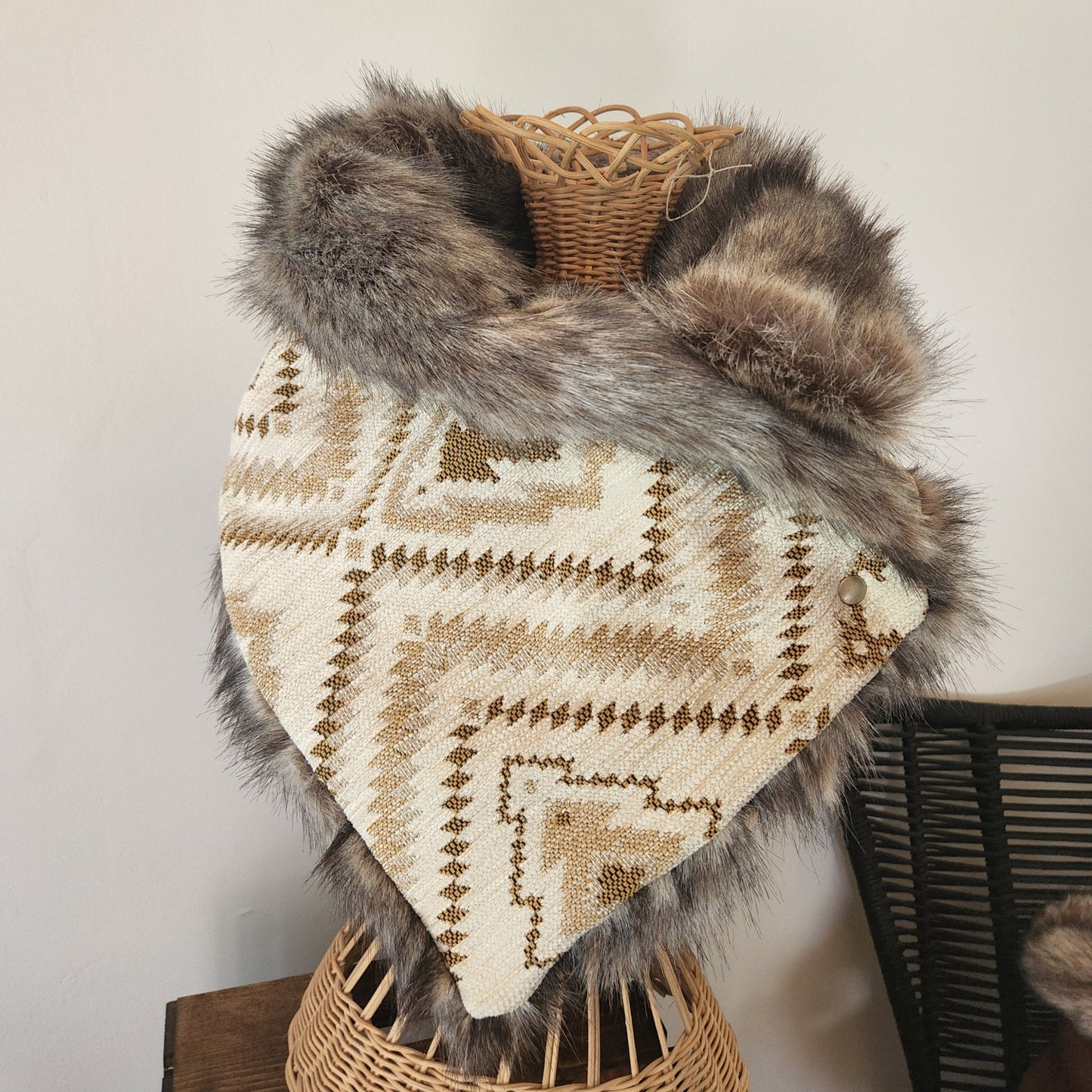 Faux Fur Snap Cowl-Cream Aztec