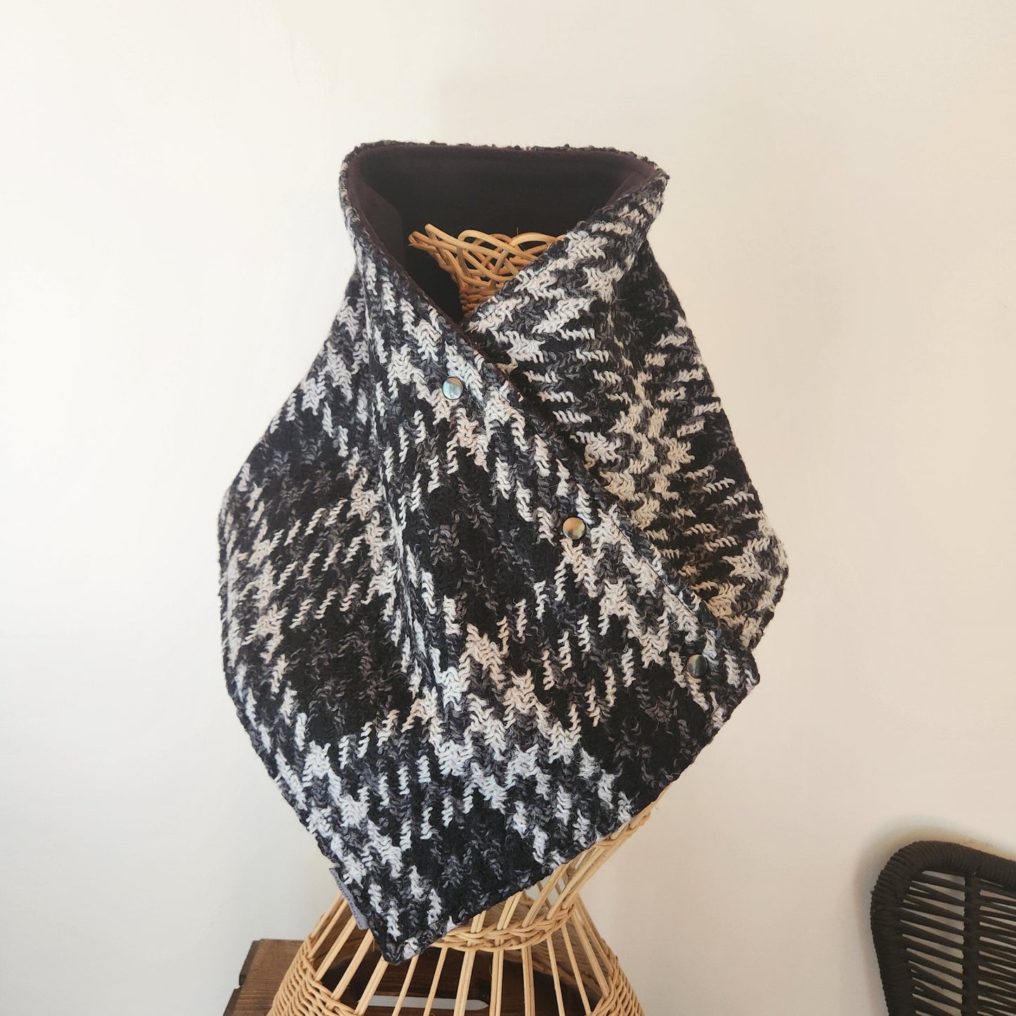 Snap Cowl-Woven Black, Gray & White Plaid