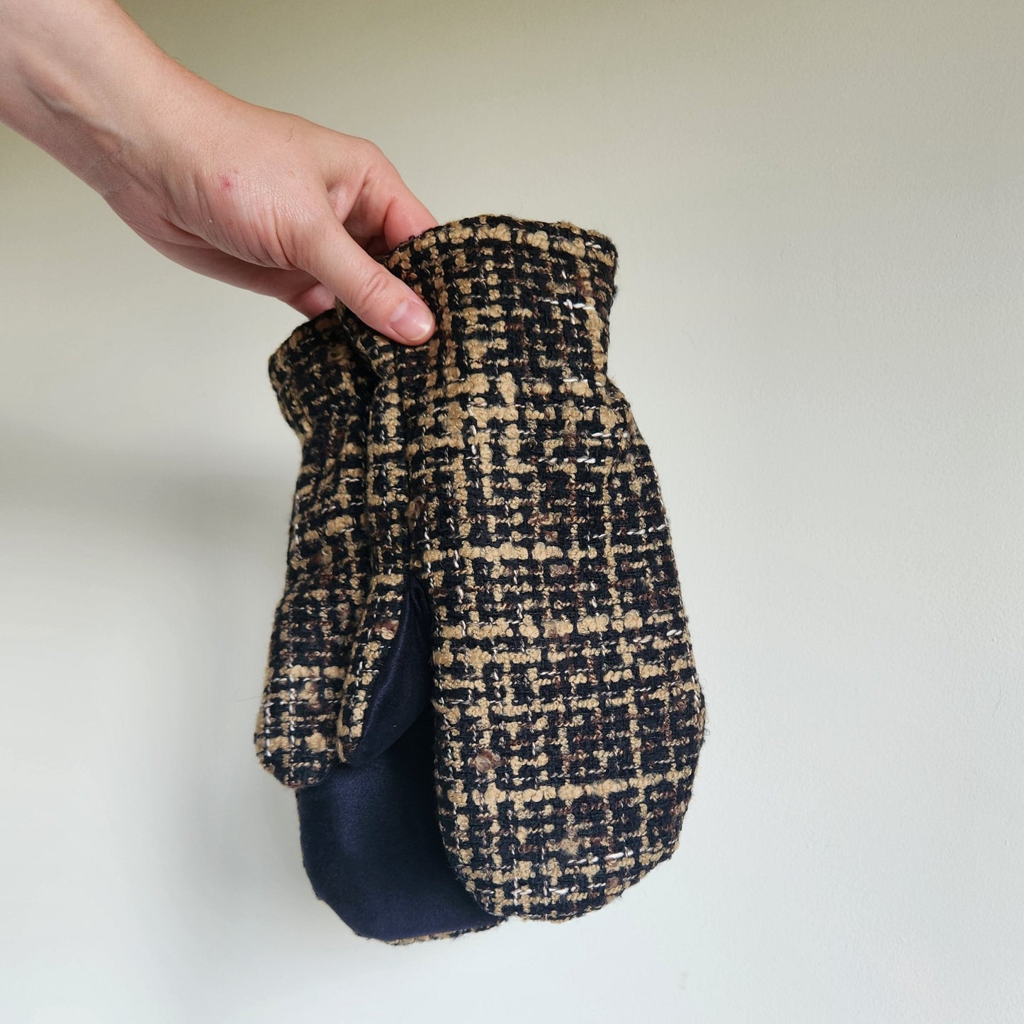 Wool Mittens Brown, Black & Tan Woven-Large