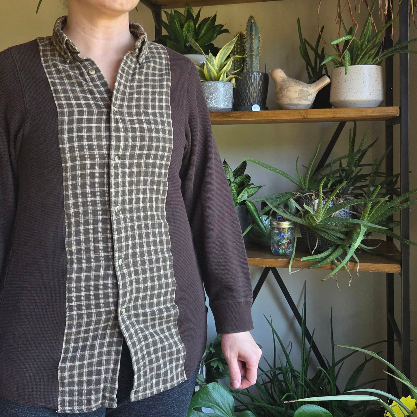Bonfire Bestie Shirt - Chocolate Brown Thermal + Olive Plaid