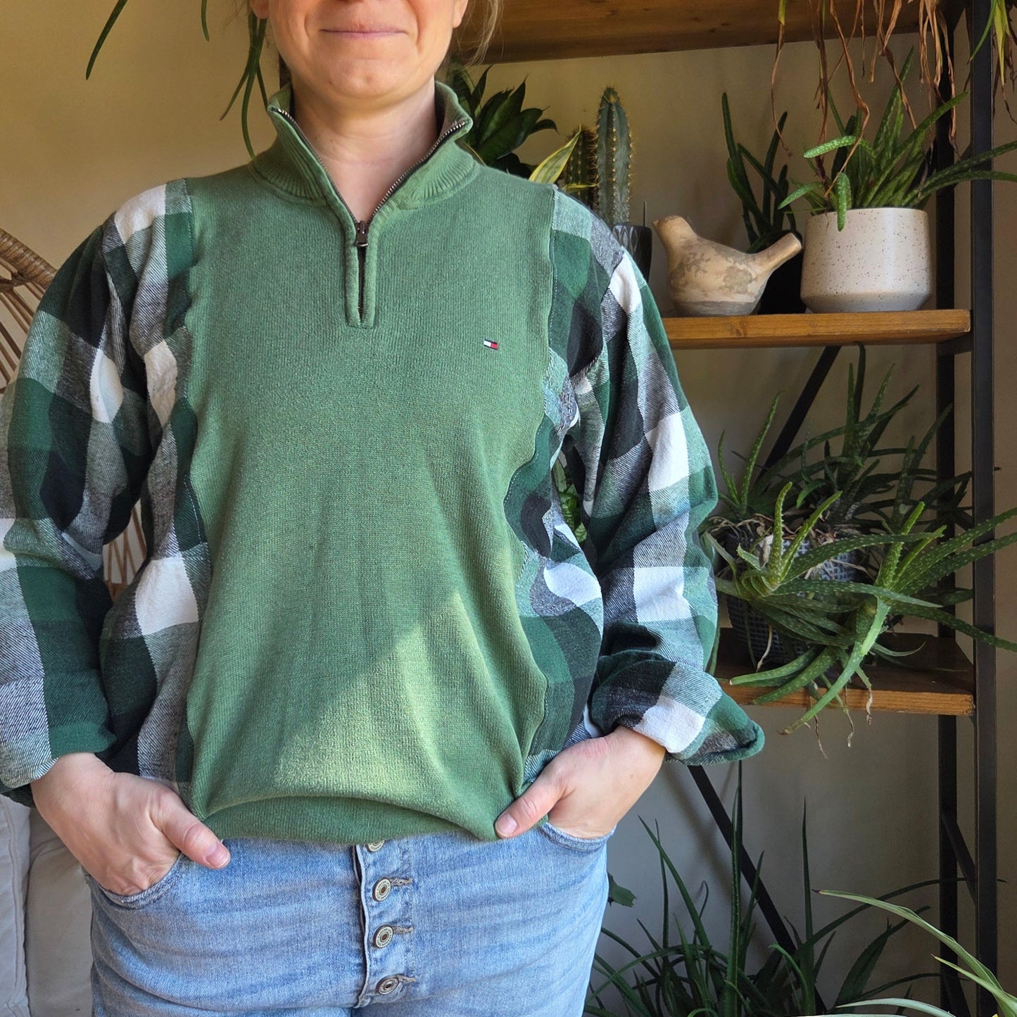 Bonfire Bestie Shirt - Green Plaid + Green Sweater