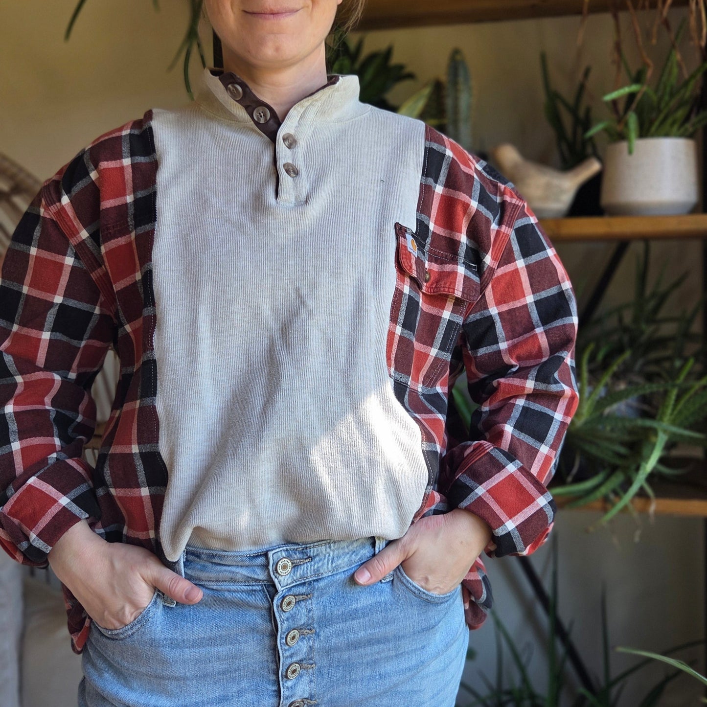 Bonfire Bestie Shirt - Carhart Flannel + Cream Sweater