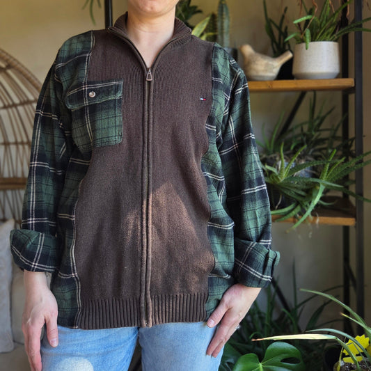 Bonfire Bestie Shirt - Forest Plaid + Chocolate Brown Sweater