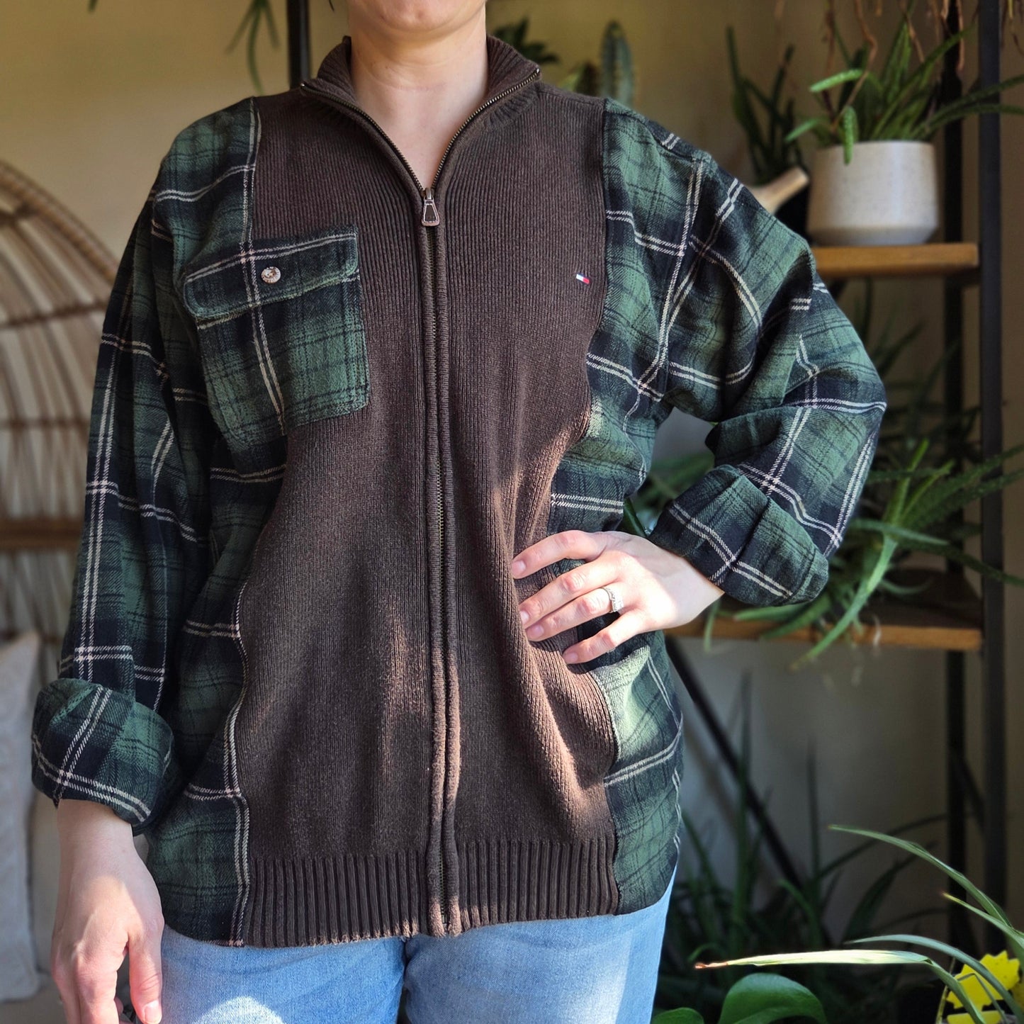 Bonfire Bestie Shirt - Forest Plaid + Chocolate Brown Sweater