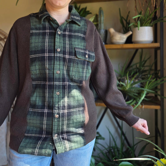 Bonfire Bestie Shirt - Chocolate Brown Sweater + Forest Plaid