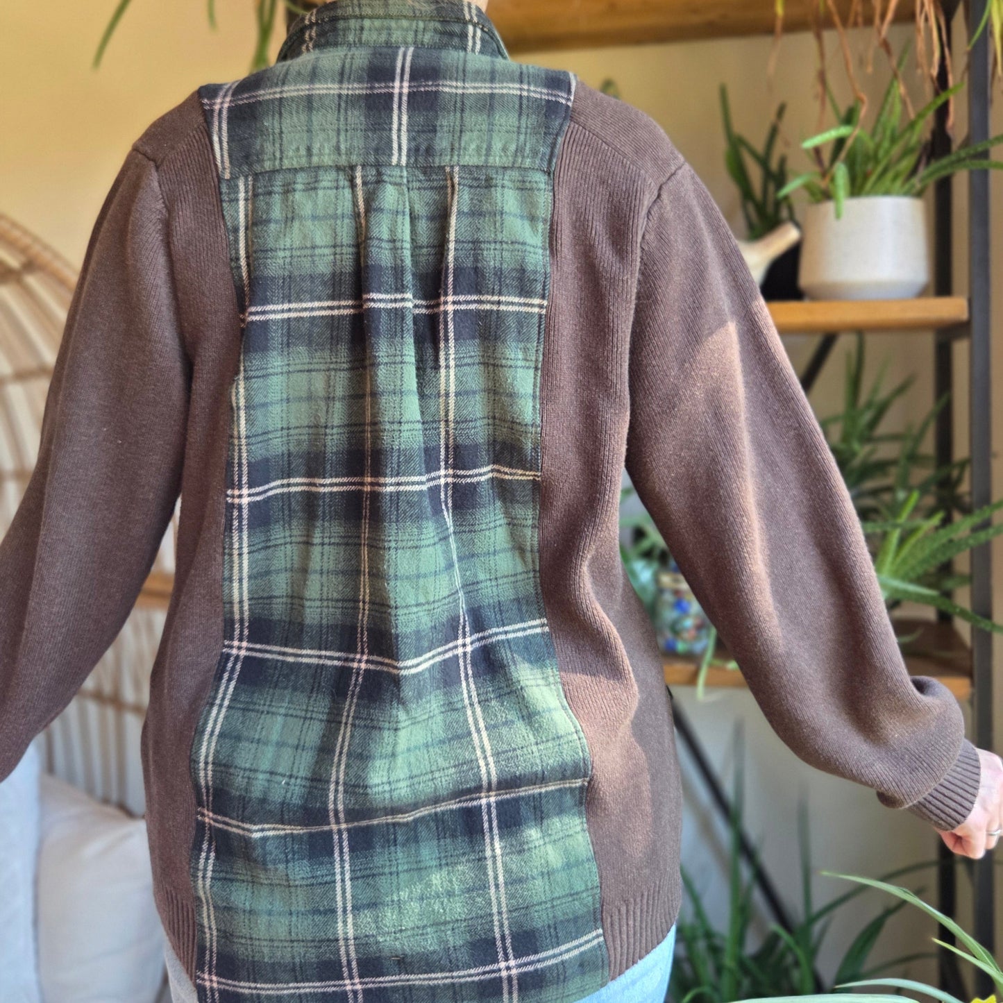 Bonfire Bestie Shirt - Chocolate Brown Sweater + Forest Plaid