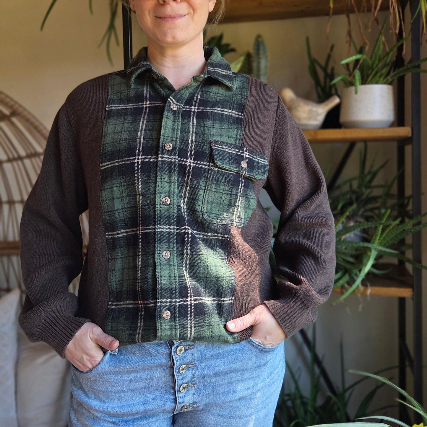 Bonfire Bestie Shirt - Chocolate Brown Sweater + Forest Plaid