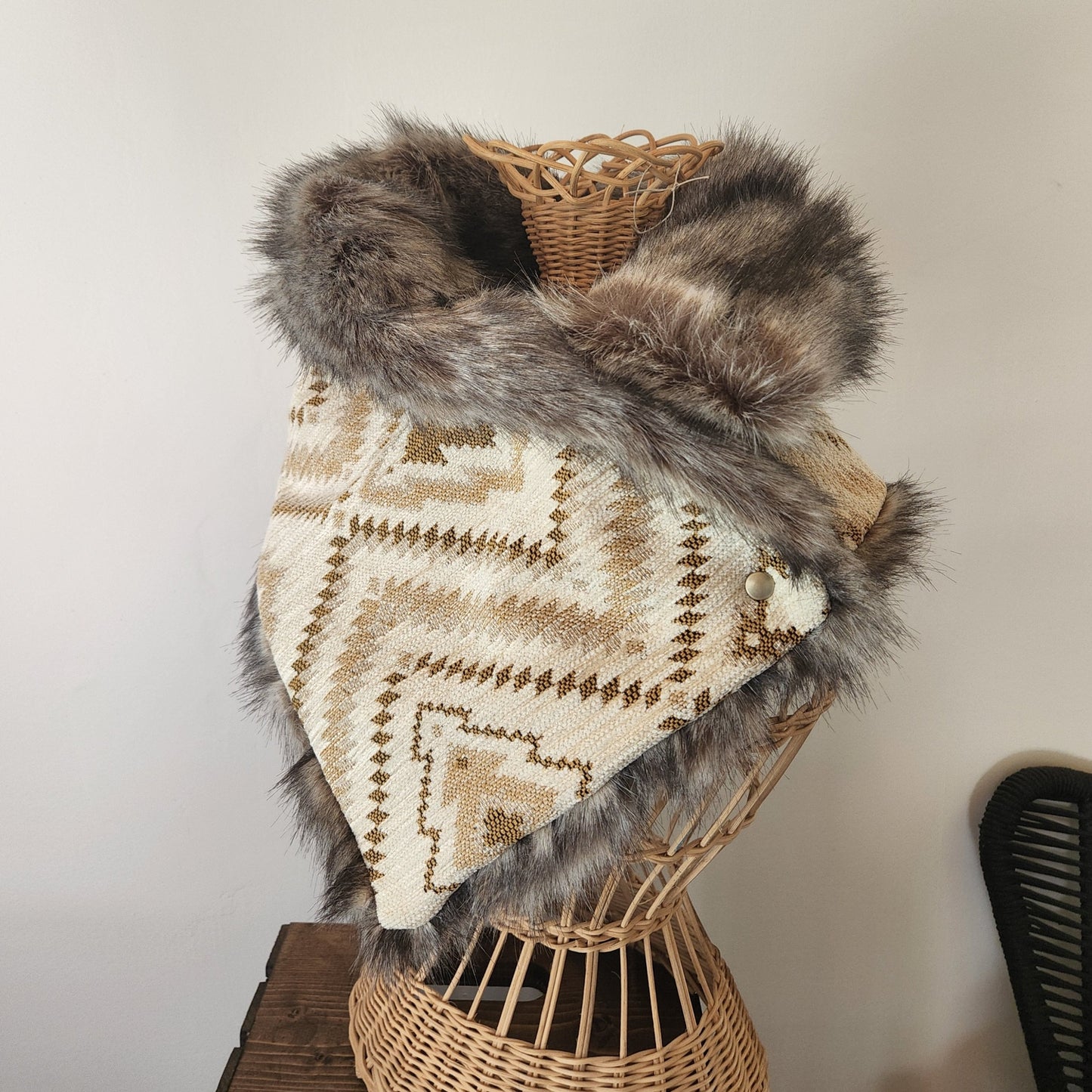 Faux Fur Snap Cowl-Cream Aztec