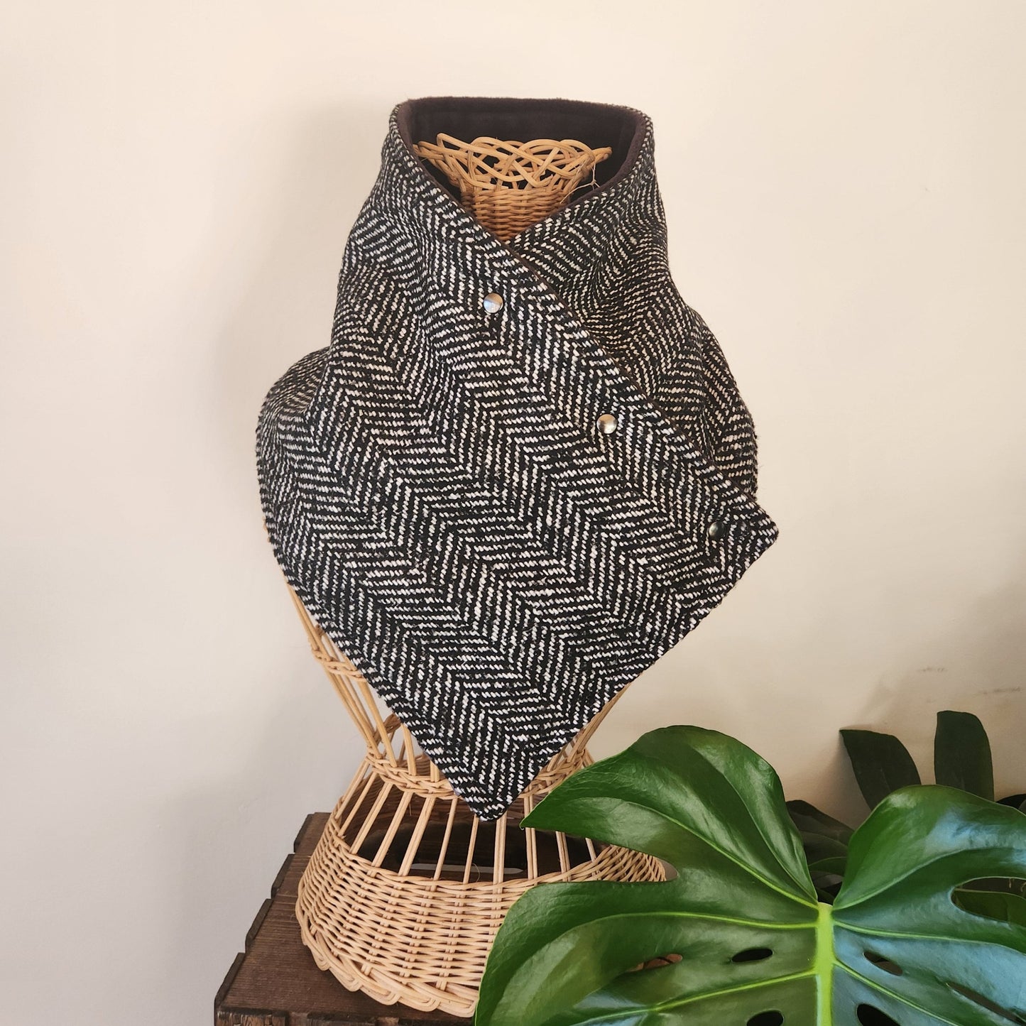 Snap Cowl-Black & White Herringbone Wool