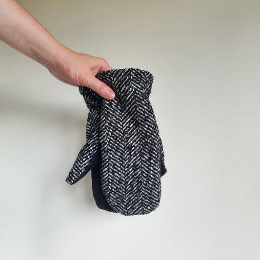 Wool Mittens Black Herringbone-Large