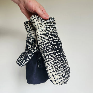 Wool Mittens Black & Cream Woven-Large