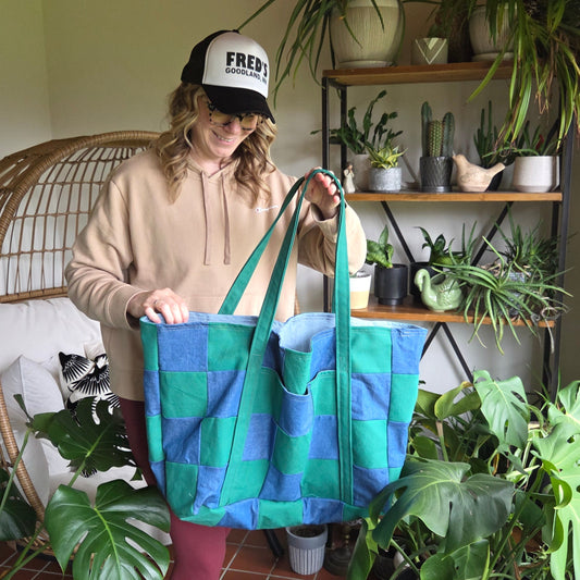 The Everything Summer Tote Checkered Green + Denim