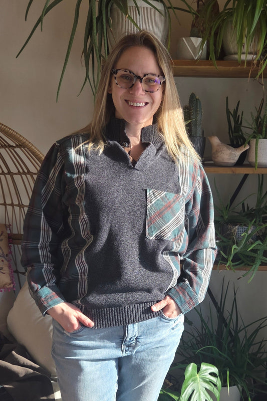 Bonfire Bestie Shirt - Turquoise Plaid + Gray Sweater