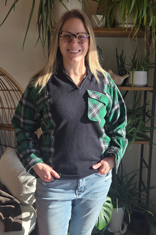 Bonfire Bestie Shirt - Green & Black Plaid + Black Sweater
