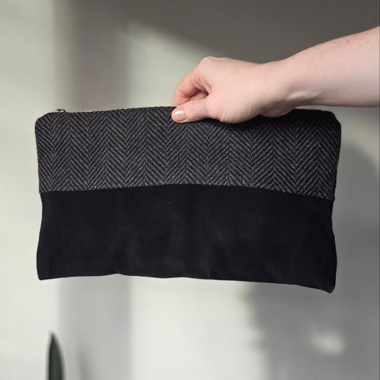 Denver Clutch Black Herringbone Wool + Leather